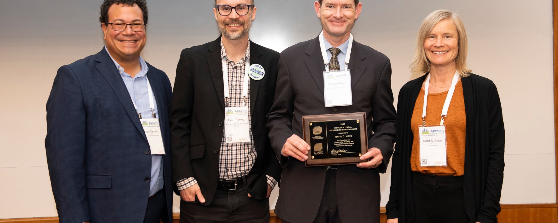 AEESP Vice President Jose Cerrato, AEESP President Lee Blaney, AEESP Member David Mays, and AEESP President-Elect Kara Nelson at the AEESP award ceremony 5/22/2025.