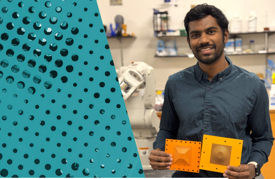 PhD student Alston Xavier Gracego holds incrementally formed composite shells developed through his research.